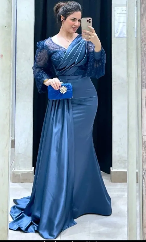 Fashion-Forward Elegant Mermaid Evening Dress for Women V Neck Long Sleeve Sweep Train Side Slit Pleated Wedding Party Formal Dress Y4957