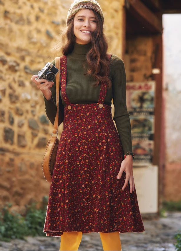 Affordable Online Boutique Boho Style Suspender Strap Winter Dress Red Floral