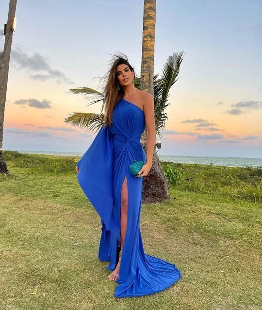 Hot Styles Royal Blue One Shoulder Long Evening Dress With Slit,Wedding Guest Outfit Y4839