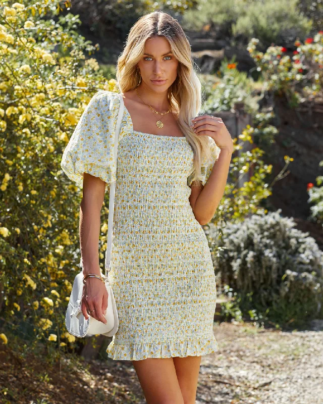 Trendy Boutique Online Abbi Cotton Floral Smocked Puff Sleeve Dress - Yellow Multi