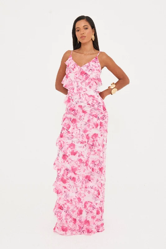 Women's Clothing Brands FLORAL CHIFFON RUFFLE MAXI DRESS