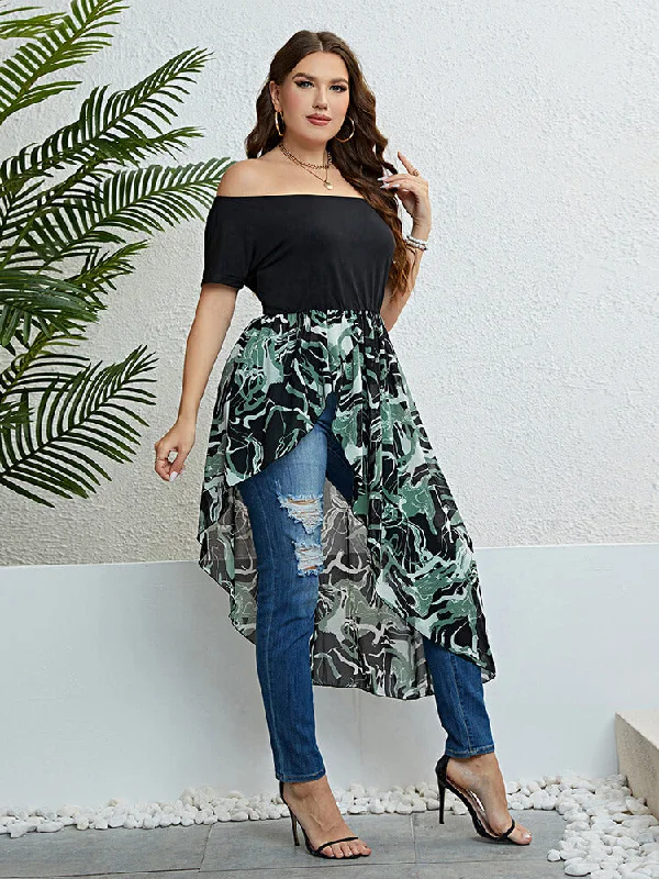 Vintage-Inspired Style Offers Plus Green Floral Mesh Patchwork Off Shoulder Ruffle Hem T-Shirts