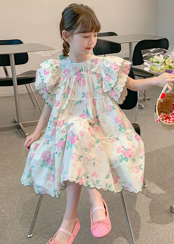 Boho Chic Fashion Boutique Apricot Print Patchwork Cotton Kids Girls Dresses Butterfly Sleeve