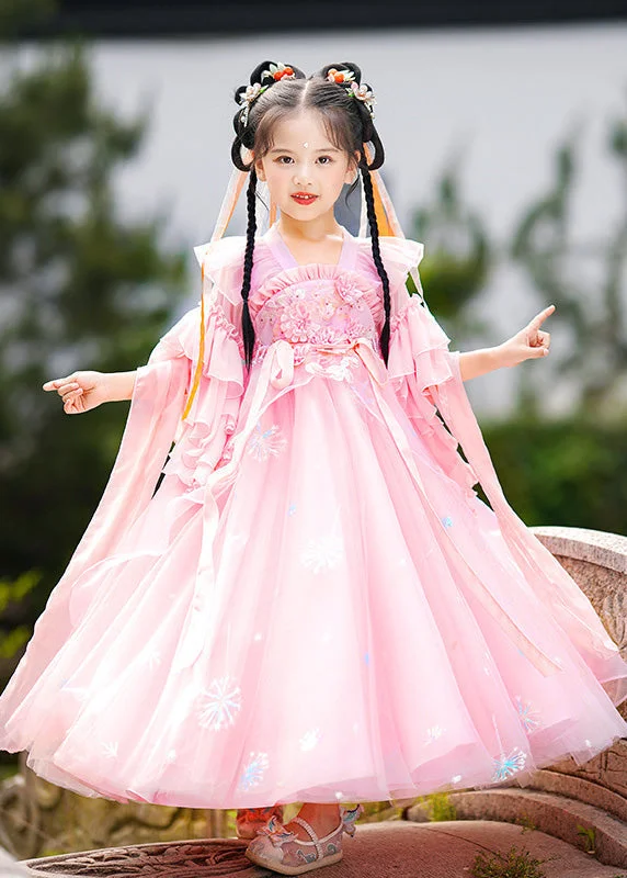 Best Online Boutiques Stylish Pink Ruffled Patchwork Snow Embroideried Tulle Layered Girls Maxi Dresses Summer