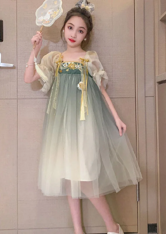 High End Fashion Vintage Green Gradient Embroideried Patchwork Tulle Baby Girls Dresses Summer