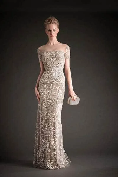 Hot Picks Hynes Park - Illusion Short Sleeve Scroll Embroidered Gown M106 - 1 pc Silver/Nude In Size 12 Available