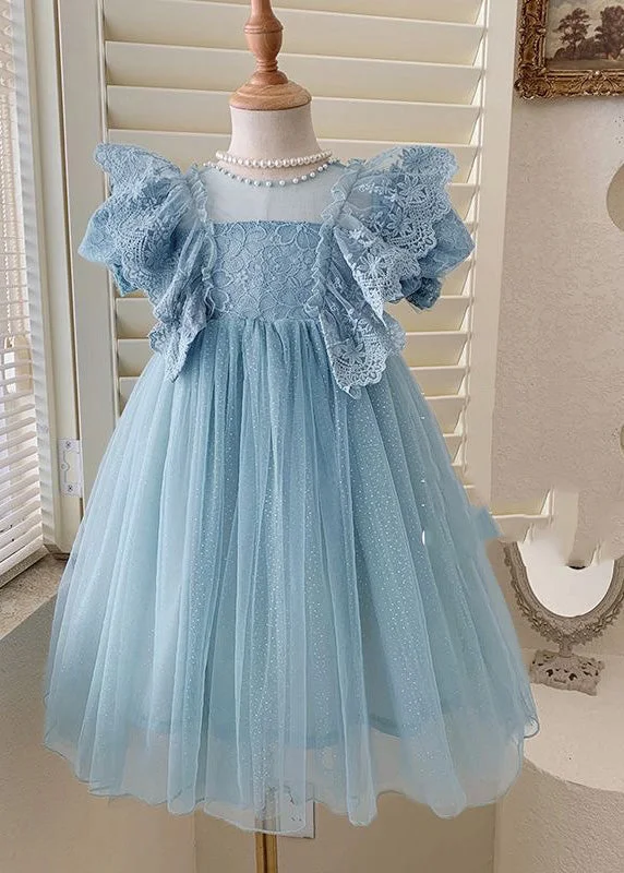 Free Spirited Fashion Handmade Blue O-Neck Patchwork Nail Bead Tulle Girls Maxi Dress Summer