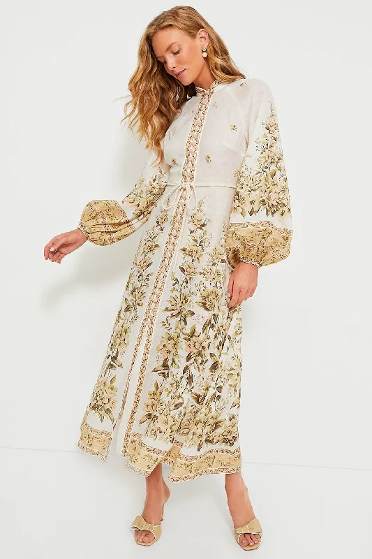 Travel Essentials Sage Toile Floral Golden Buttoned Midi Dress