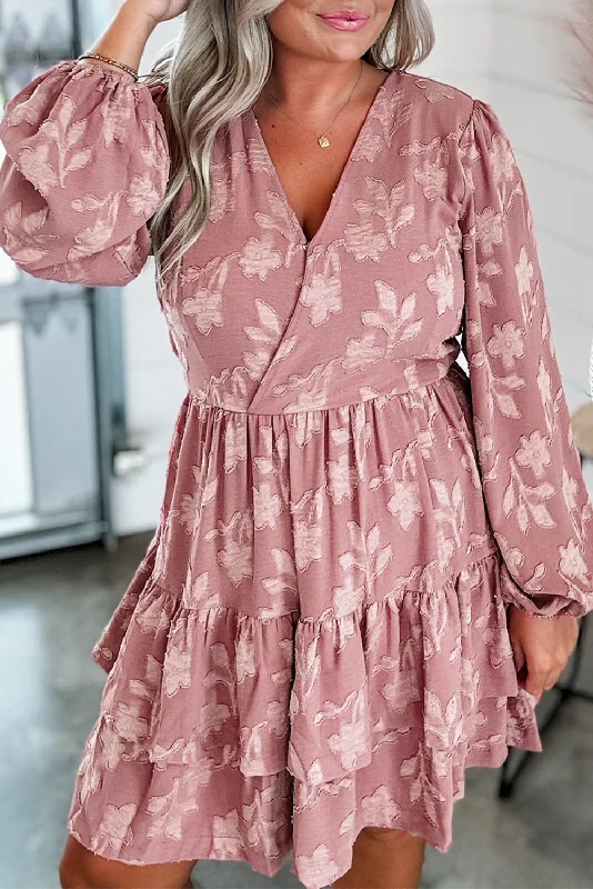 Essentials On Sale Peach Blossom Floral Surplice V Neck Tiered Ruffle Plus Size Dress