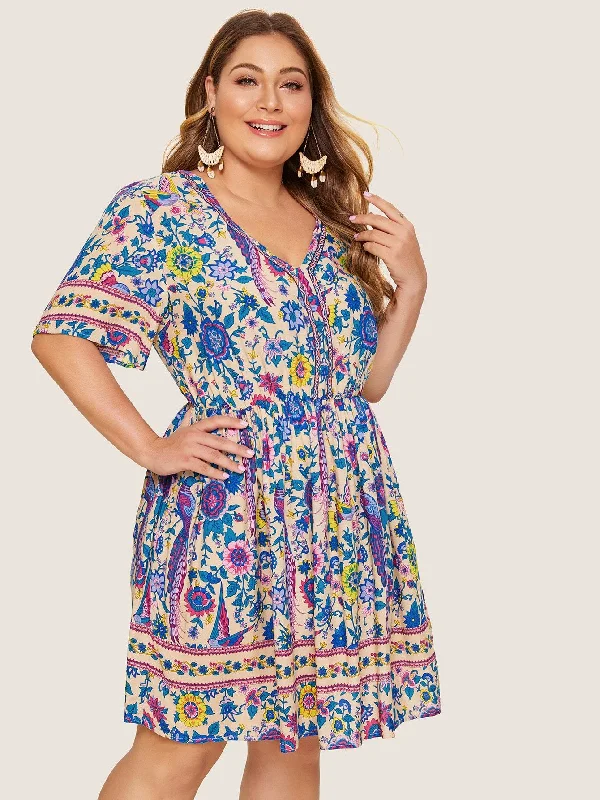 Exclusive Discount Plus V Neck Floral Print Dress