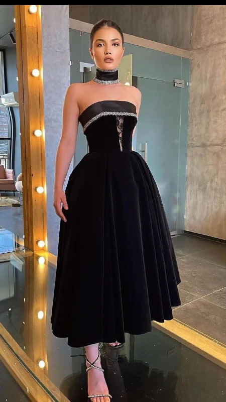 Seasonal Fashion Black Strapless Evening Dresses for Wedding Guests Lace Beaded Sleeveless Evening Dress Y4854