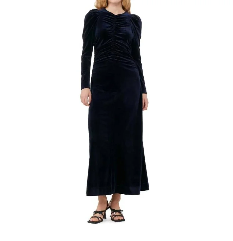 Minimalist Style Velvet Gathered Dress In Navy