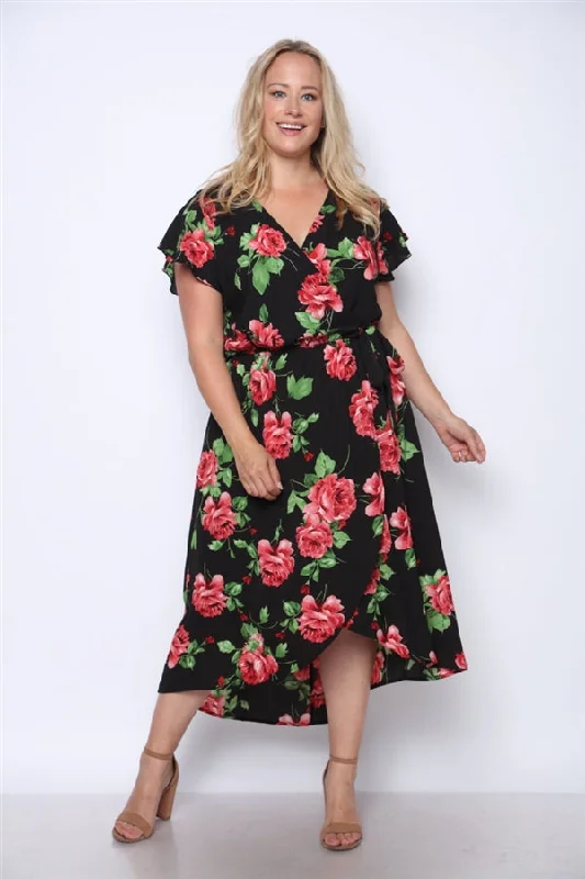 Urban Femme Streetwear Black Floral Print High Low Plus Size Maxi Dress