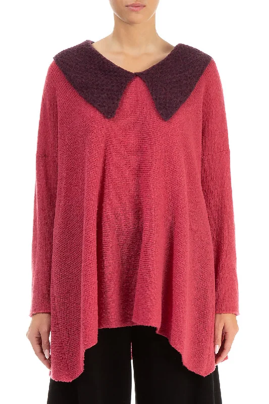 Edgy Fashion Relaxed Collar Pink Punch Wool Sweater