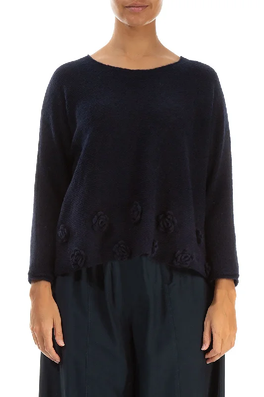 Relaxed Style Flowers Midnight Blue Wool Sweater