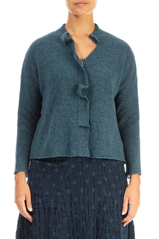 Online Boutiques Affordable Frilled Neck Teal Wool Cardigan