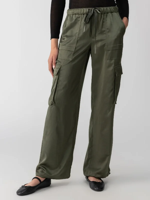 Crazy Price Slashing Satin Cargo Standard Rise Wide Leg Pant Dark Olive