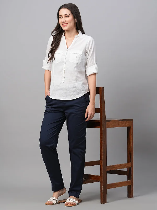 Earthy Tones Women's Navy Cotton Lycra Regular Fit Pant