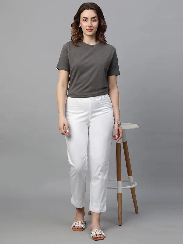 Trendy Fashion For Women Women's White Cotton Elastane Regular Fit Pant