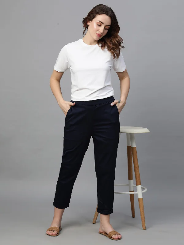 Casual Chic Women's Navy Cotton Elastane Regular Fit Pant
