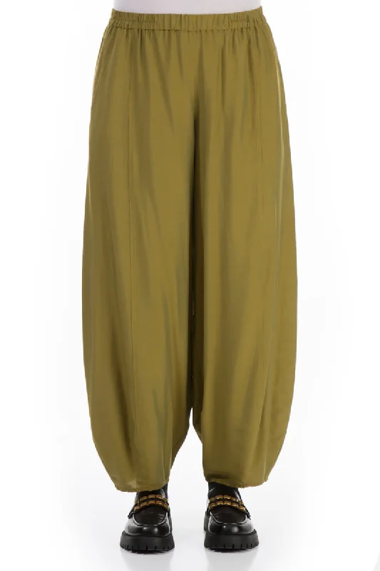 Elegant Style Taper Olive Silk Bamboo Trousers