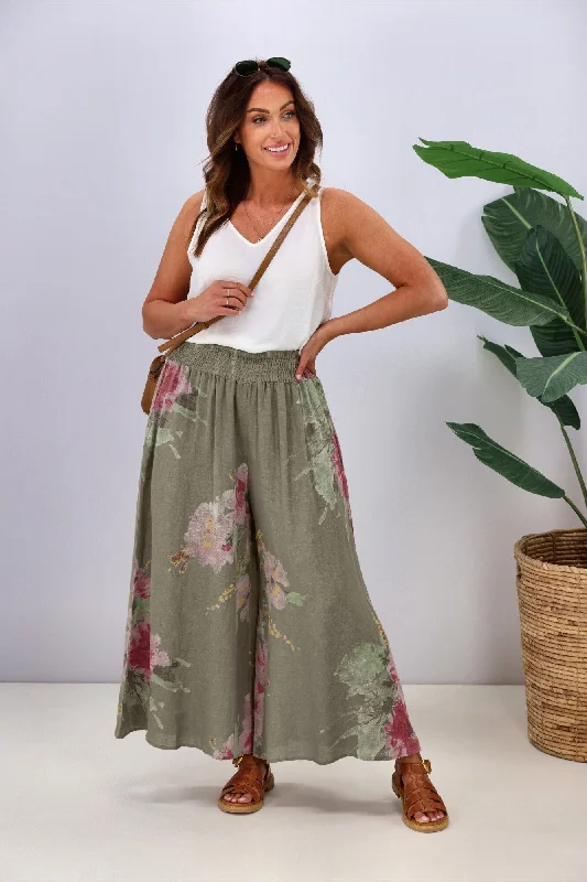 Hot Brand Discounts Cali & Co Wide Leg Linen Floral Pant Khaki