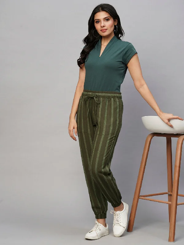 Clothes Sales Women's Olive Viscose Linen Regular Fit Pant