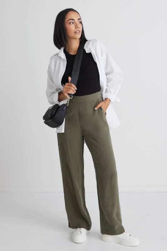 Limited Time Deal Effortless Khaki Viscose Deep Band Wide Leg Pant