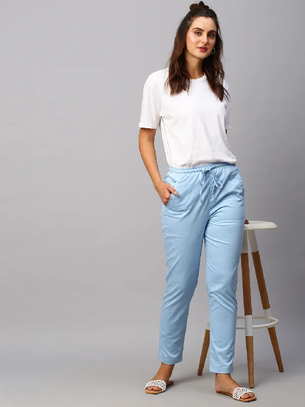 Season Offer Women's Blue Cotton Lycra Regular Fit Pant