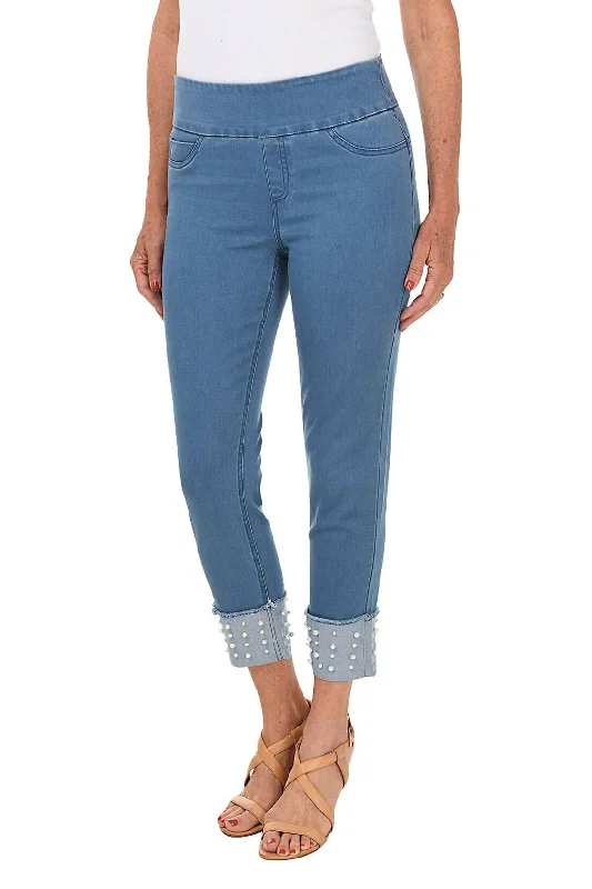 Affordable Luxury Fashion Pearl Cuffed Hem Pull-On Denim Capri Pant