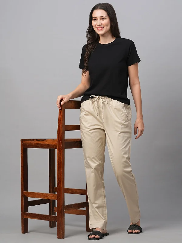Elegant Fashion Women's Beige Cotton Lycra Regular Fit Pant