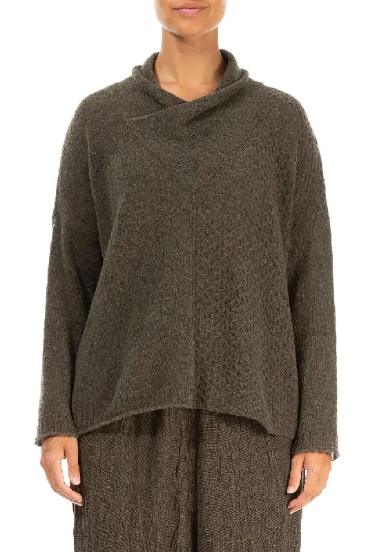 Sophisticated Style Boxy Cowl Neck Khaki Wool Sweater