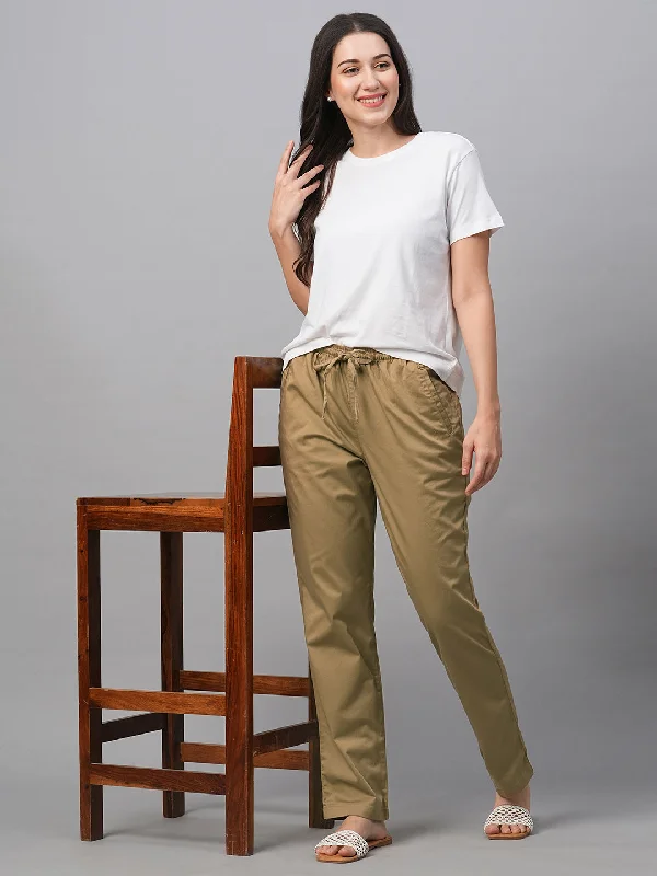 Sophisticated Style Women's Khaki Cotton Lycra Regular Fit Pant