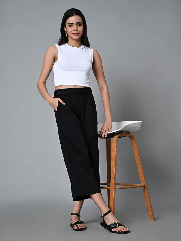 Elegant Women’s Clothing Women's Black Cotton Elastane Regular Fit Culotte