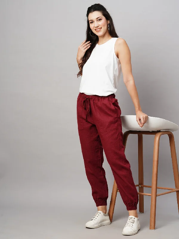 Exclusive Discounts Women's Maroon/Red Linen Viscose Regular Fit Pant