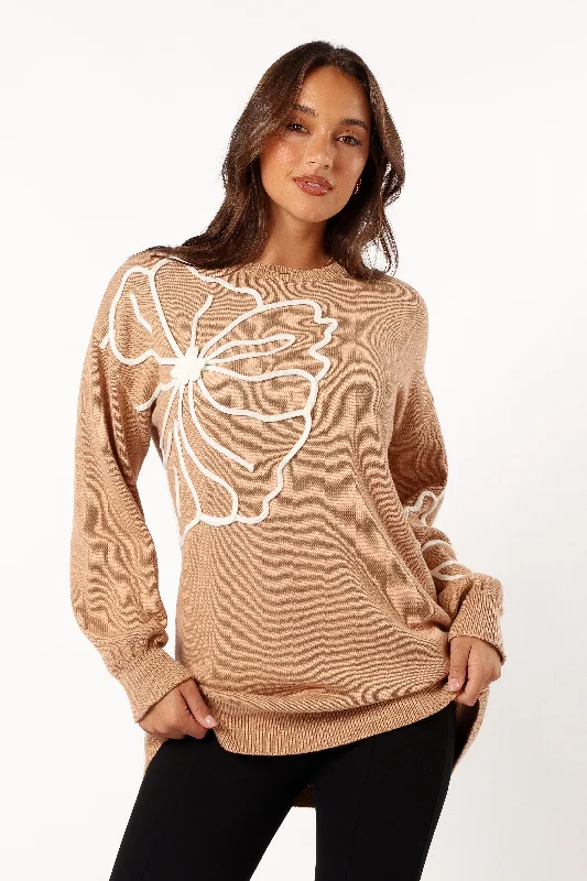 Relaxed Style Carmello Flower Knit Sweater - Mocha