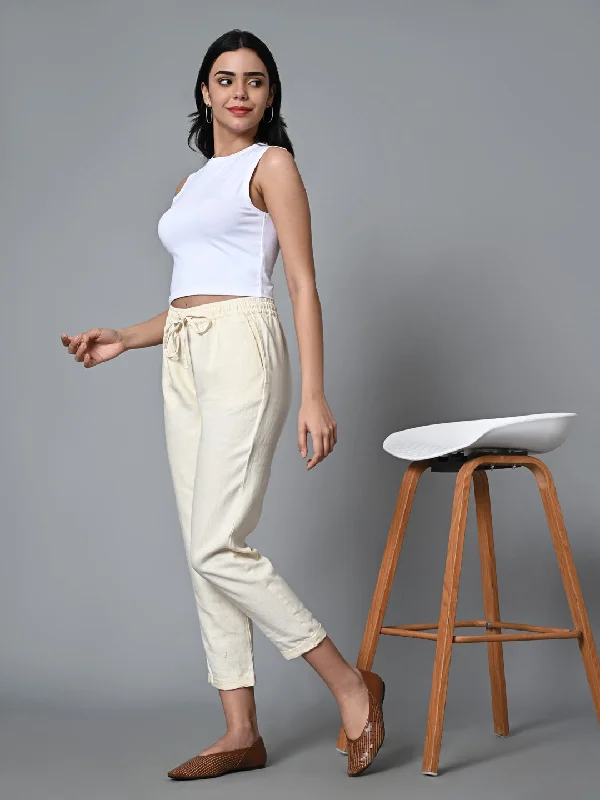 Hot Trends Women's Offwhite Linen Regular Fit Pant