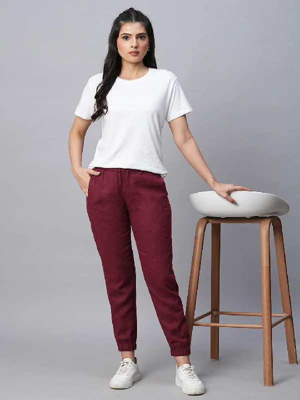 Travel Essentials Women's Maroon/Red Linen Viscose Jogger Pant