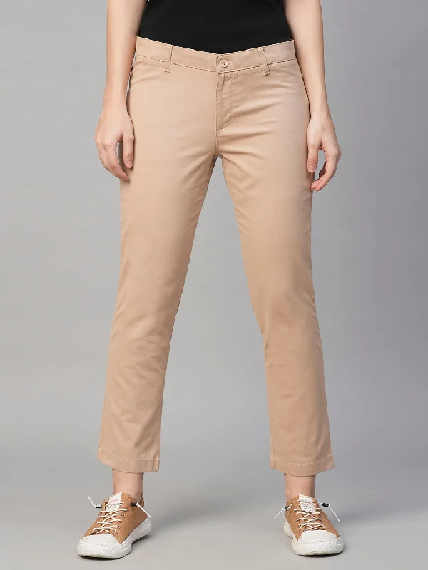 Luxury Fashion Women's Beige Cotton Lycra Regular Fit Pant