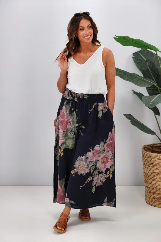 Insane Discount Onslaught Cali & Co Wide Leg Linen Floral Pant Navy