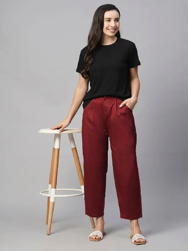 Casual Wear Women's Maroon/Red Cotton Elastane Loose Fit Pant