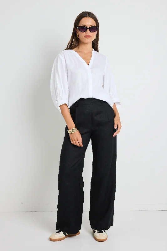 Fashion Deal Bestow Black Linen Elastic Back Wide Leg Pants