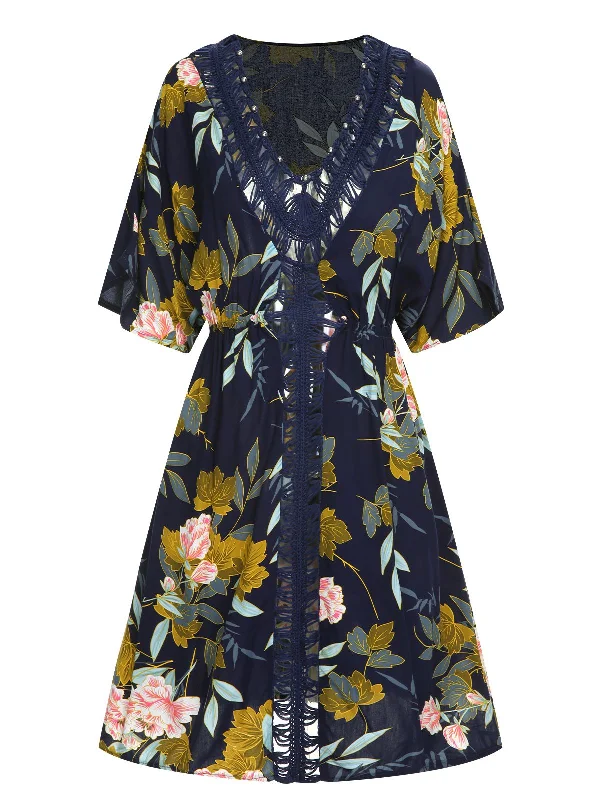 Effortless Everyday Wear Blue 1950s Floral Hollow Cover-Up