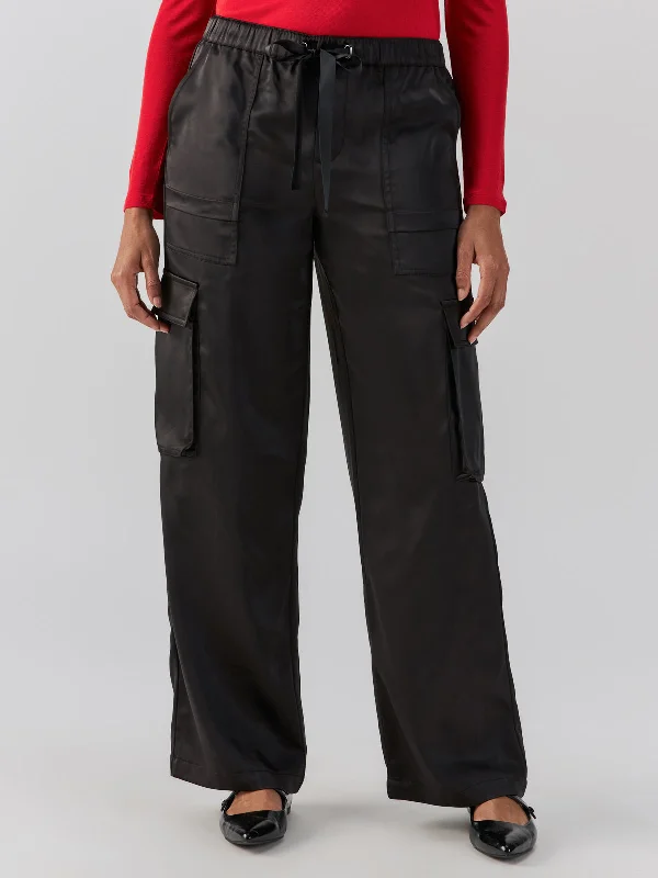 Effortless Style, Endless Impact Satin Cargo Standard Rise Wide Leg Pant Black