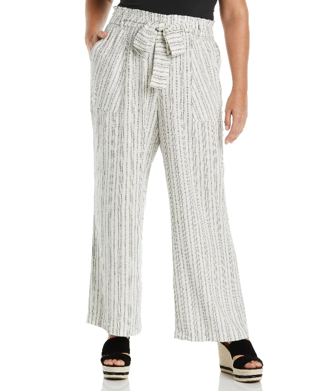 Luxury Women’s Clothing Plus Size Stripe Wide Leg Linen Blend Paper Bag Pant