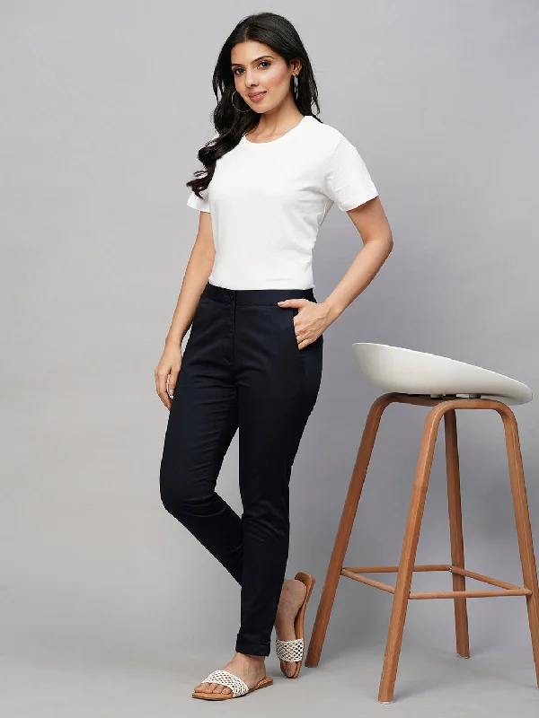 Chic Women’s Clothing Online Women's Navy Cotton Lycra Slim Fit Pant