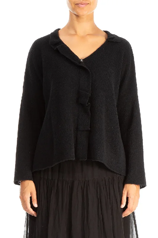Clothes Of Woman Frilled Neck Black Wool Cardigan