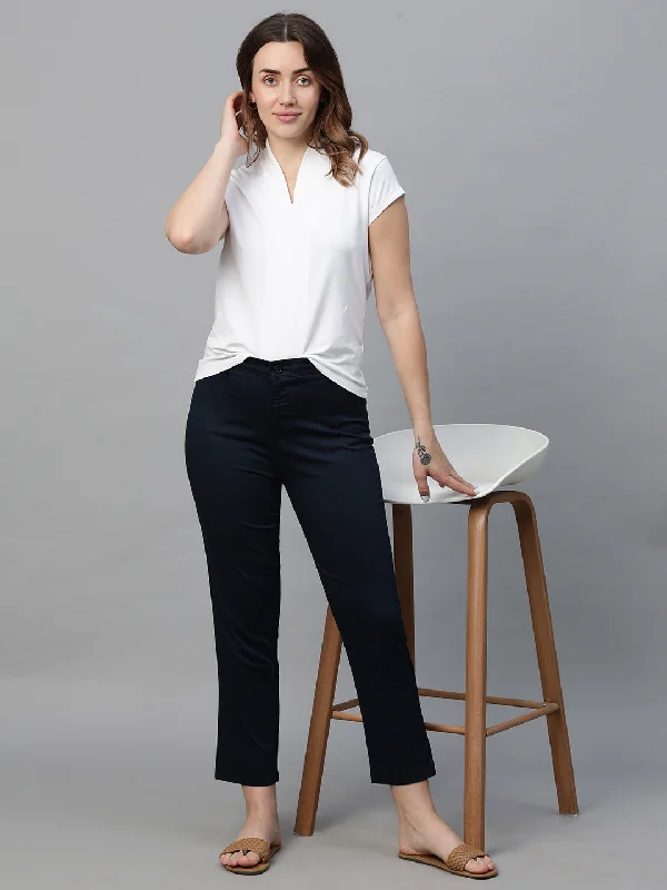 Imeless Style Women's Navy Cotton Lycra Regular Fit Pant