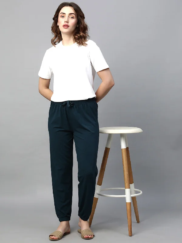 High End Women's Wear Women's Dark Blue Cotton Bamboo Elastane Regular Fit Pant