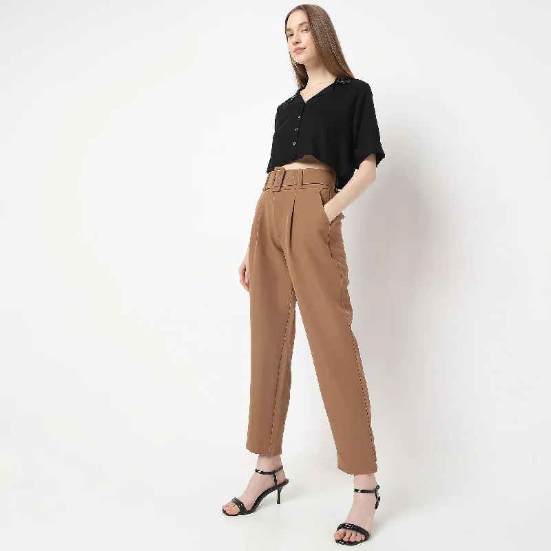Sporty Streetwear Ankle Length Front Pleated Buckle Belt High Rise Trousers